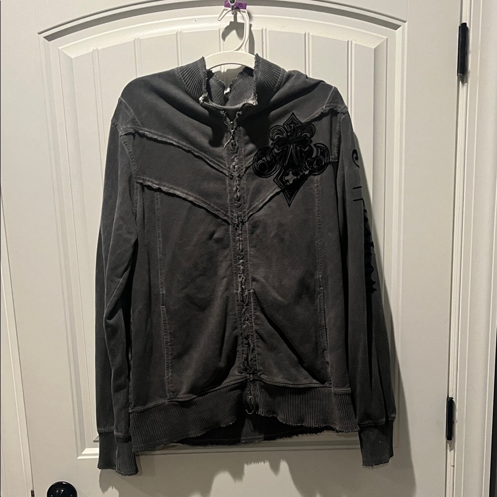 Affliction Charcoal Jacket with Bold Black Graphics